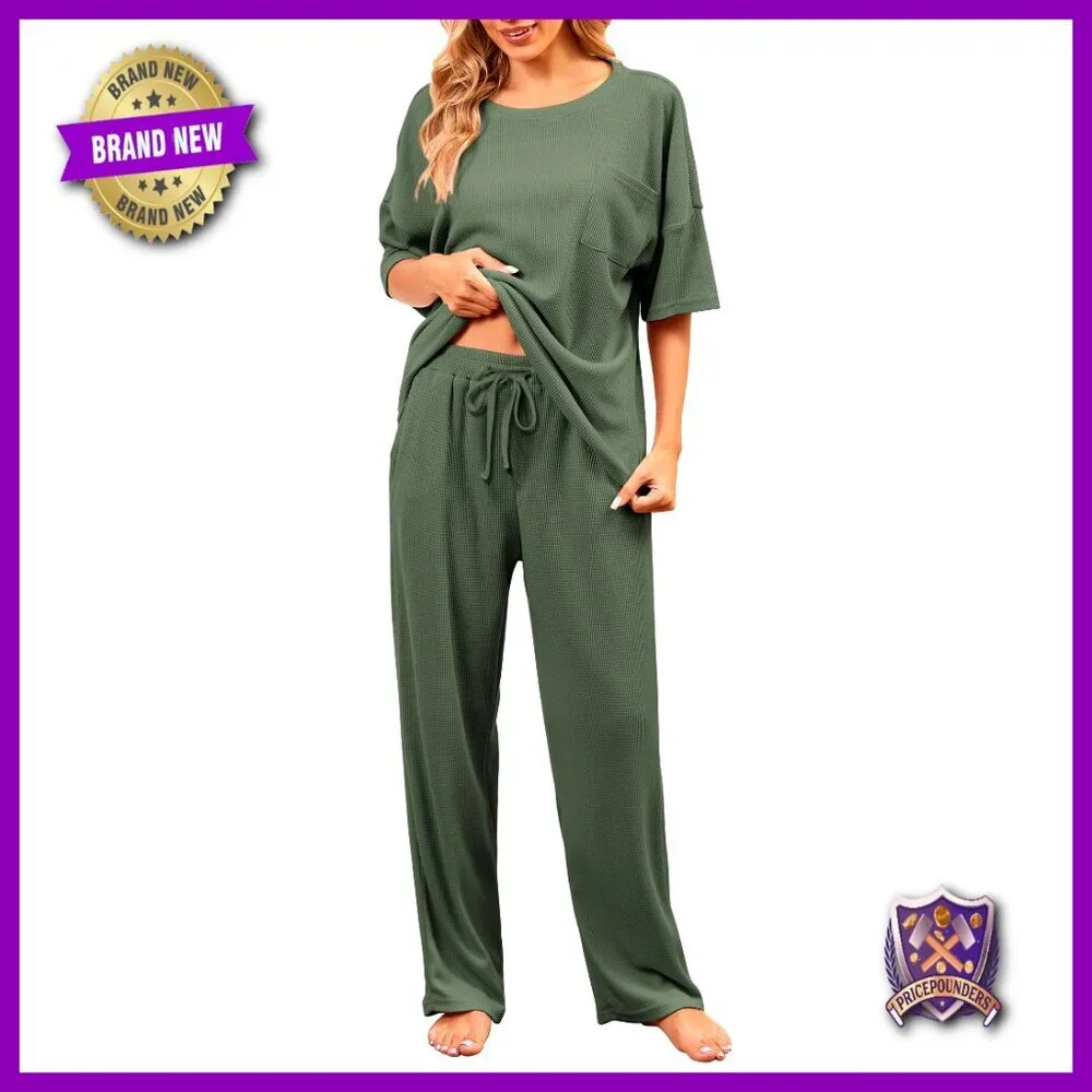Waffle Knit Pajama Set Short Sleeve Top Long Pants Lounge Sleepwear